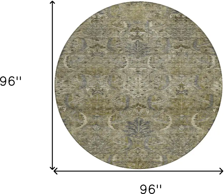 8' Taupe And Gray Round Damask Washable Indoor Outdoor Area Rug Photo 9