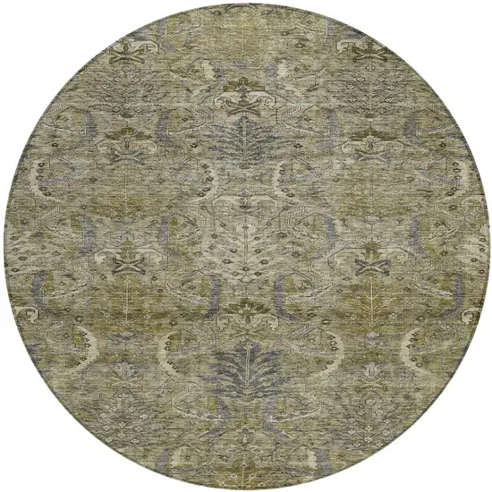 8' Taupe And Gray Round Damask Washable Indoor Outdoor Area Rug Photo 2