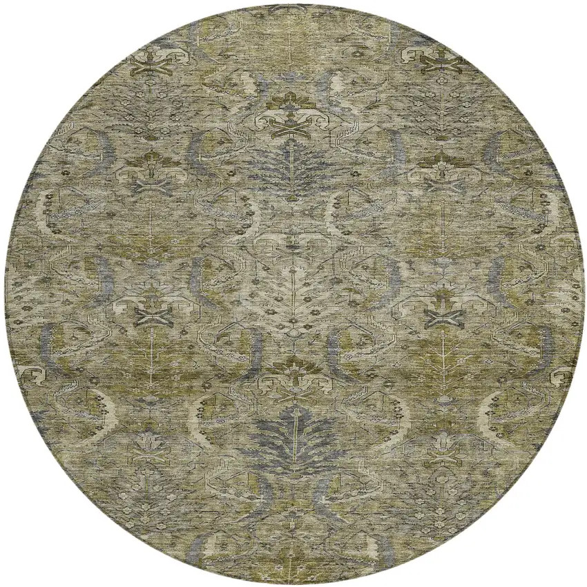 8' Taupe And Gray Round Damask Washable Indoor Outdoor Area Rug Photo 2