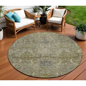 Photo of 8' Taupe And Gray Round Damask Washable Indoor Outdoor Area Rug