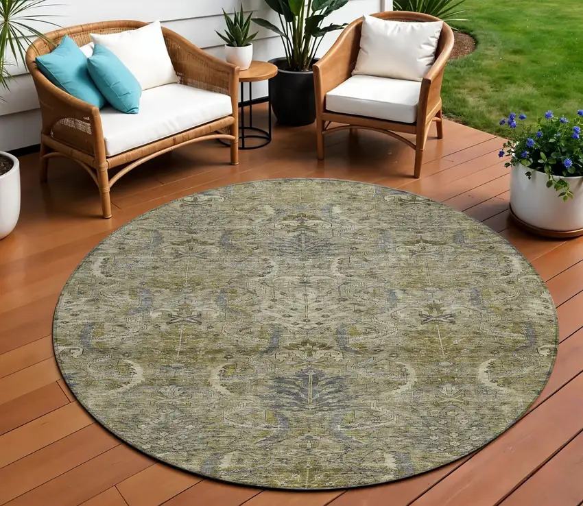 8' Taupe And Gray Round Damask Washable Indoor Outdoor Area Rug Photo 1