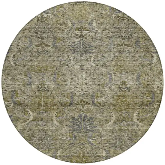 8' Taupe And Gray Round Damask Washable Indoor Outdoor Area Rug Photo 6