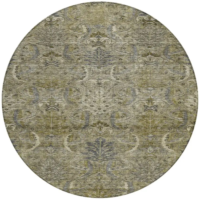 8' Taupe And Gray Round Damask Washable Indoor Outdoor Area Rug Photo 6