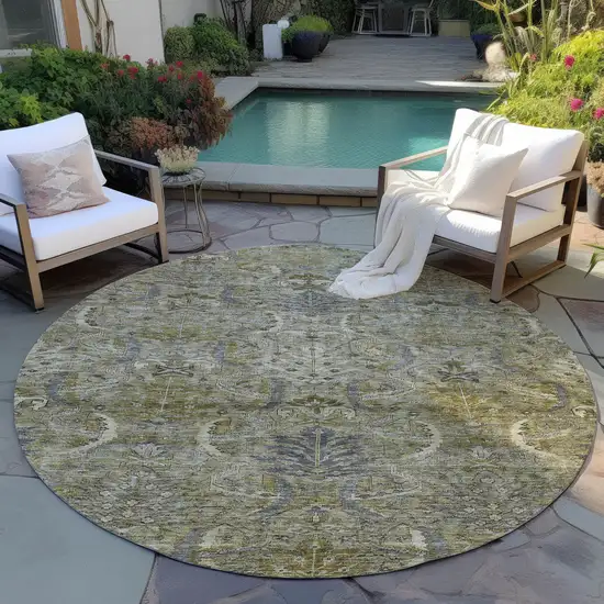 8' Taupe And Gray Round Damask Washable Indoor Outdoor Area Rug Photo 7
