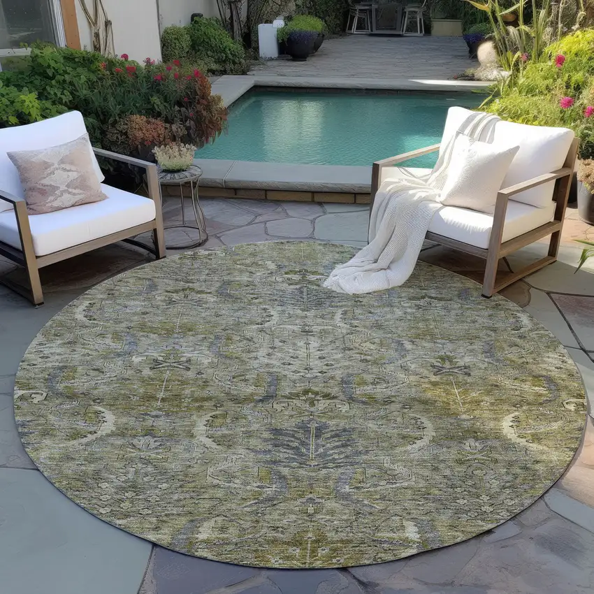 8' Taupe And Gray Round Damask Washable Indoor Outdoor Area Rug Photo 7