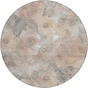 Photo of 8' Taupe And Gray Round Floral Washable Indoor Outdoor Area Rug