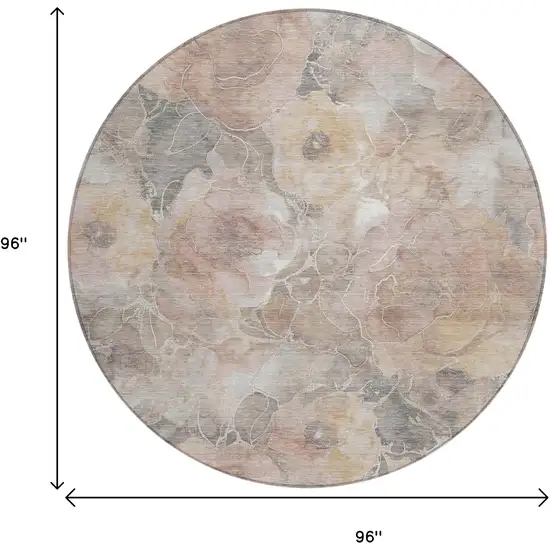 8' Taupe And Gray Round Floral Washable Indoor Outdoor Area Rug Photo 9