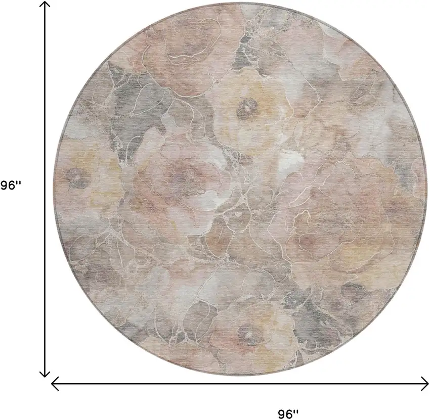 8' Taupe And Gray Round Floral Washable Indoor Outdoor Area Rug Photo 9