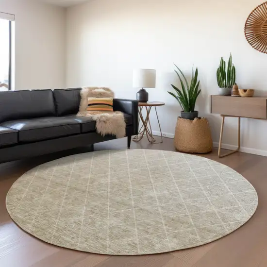 8' Taupe And Gray Round Geometric Washable Indoor Outdoor Area Rug Photo 7