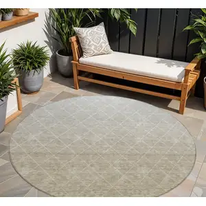 Photo of 8' Taupe And Gray Round Geometric Washable Indoor Outdoor Area Rug