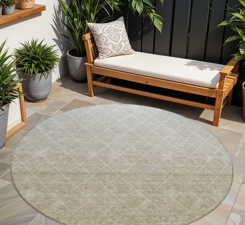 8' Taupe And Gray Round Geometric Washable Indoor Outdoor Area Rug Photo 1