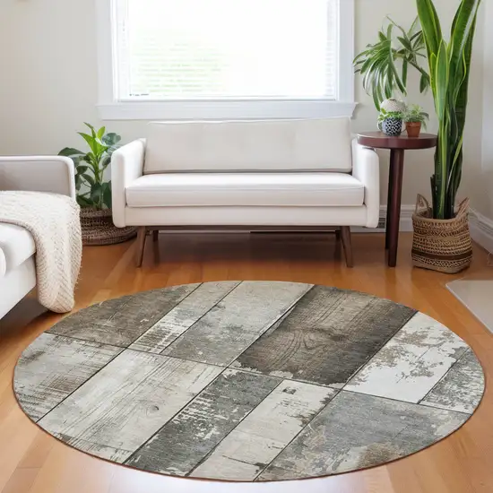 8' Taupe And Gray Round Geometric Washable Indoor Outdoor Area Rug Photo 7