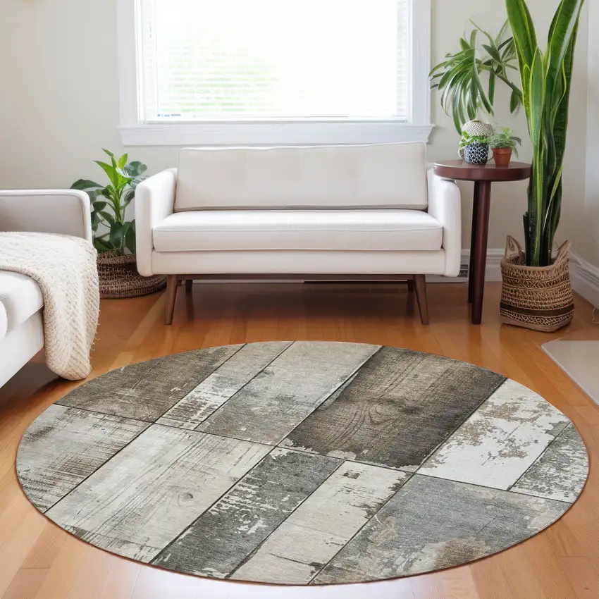 8' Taupe And Gray Round Geometric Washable Indoor Outdoor Area Rug Photo 7