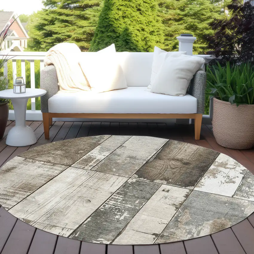 8' Taupe And Gray Round Geometric Washable Indoor Outdoor Area Rug Photo 6