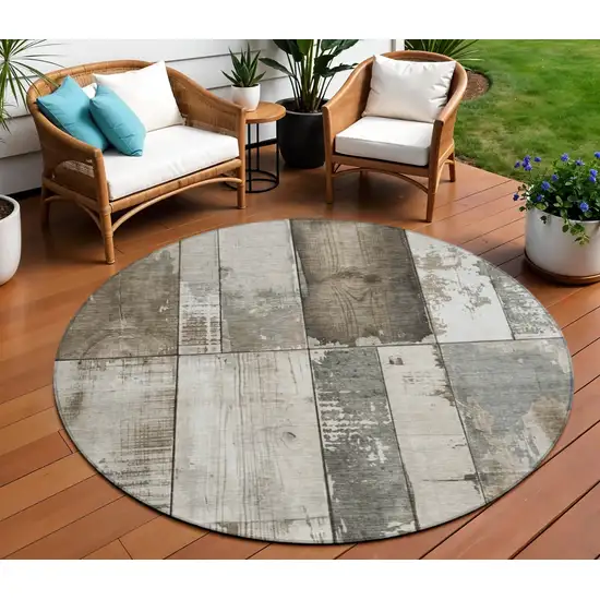 8' Taupe And Gray Round Geometric Washable Indoor Outdoor Area Rug Photo 2