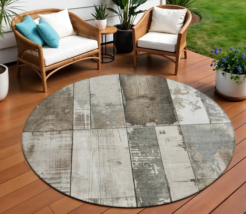 8' Taupe And Gray Round Geometric Washable Indoor Outdoor Area Rug Photo 2