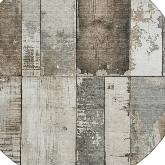 8' Taupe And Gray Round Geometric Washable Indoor Outdoor Area Rug Photo 9