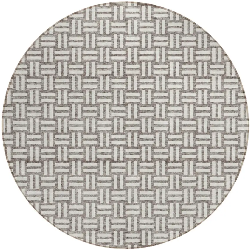 8' Taupe And Gray Round Geometric Washable Indoor Outdoor Area Rug Photo 2