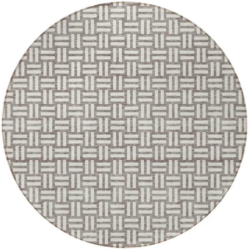 8' Taupe And Gray Round Geometric Washable Indoor Outdoor Area Rug Photo 4