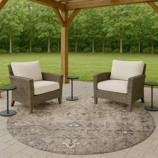 8' Taupe And Gray Round Medallion Washable Indoor Outdoor Area Rug Photo 7