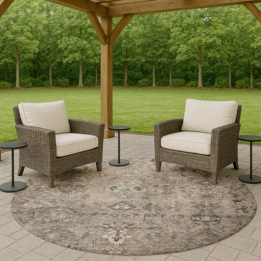 8' Taupe And Gray Round Medallion Washable Indoor Outdoor Area Rug Photo 7