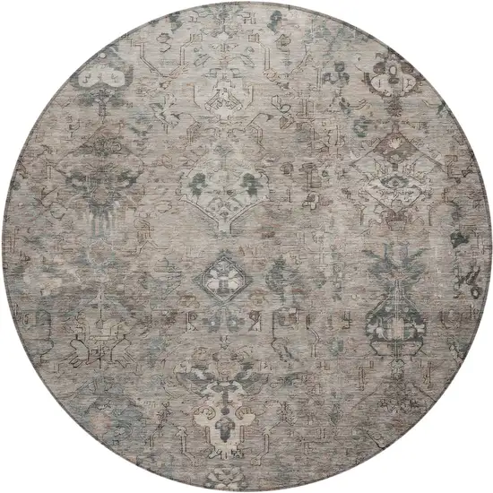 8' Taupe And Gray Round Medallion Washable Indoor Outdoor Area Rug Photo 2