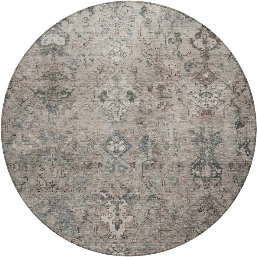 8' Taupe And Gray Round Medallion Washable Indoor Outdoor Area Rug Photo 2