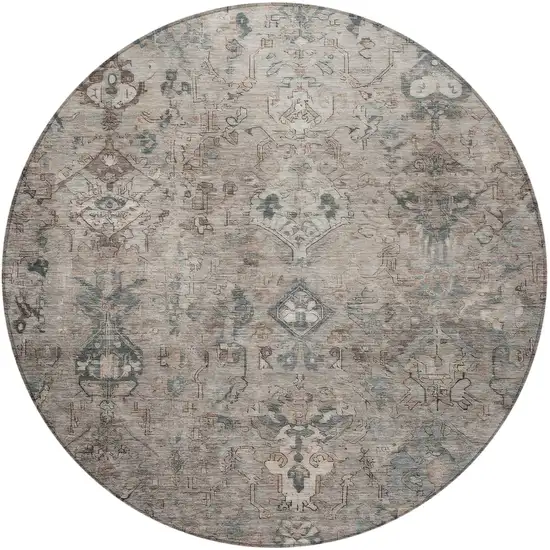 8' Taupe And Gray Round Medallion Washable Indoor Outdoor Area Rug Photo 4