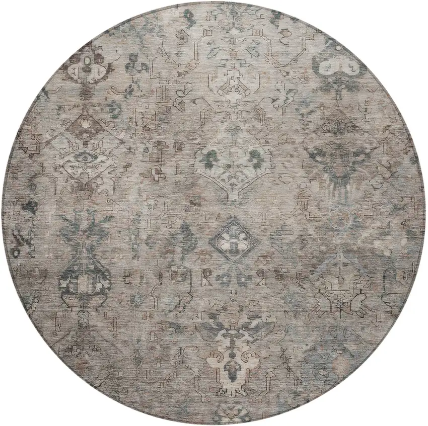 8' Taupe And Gray Round Medallion Washable Indoor Outdoor Area Rug Photo 4