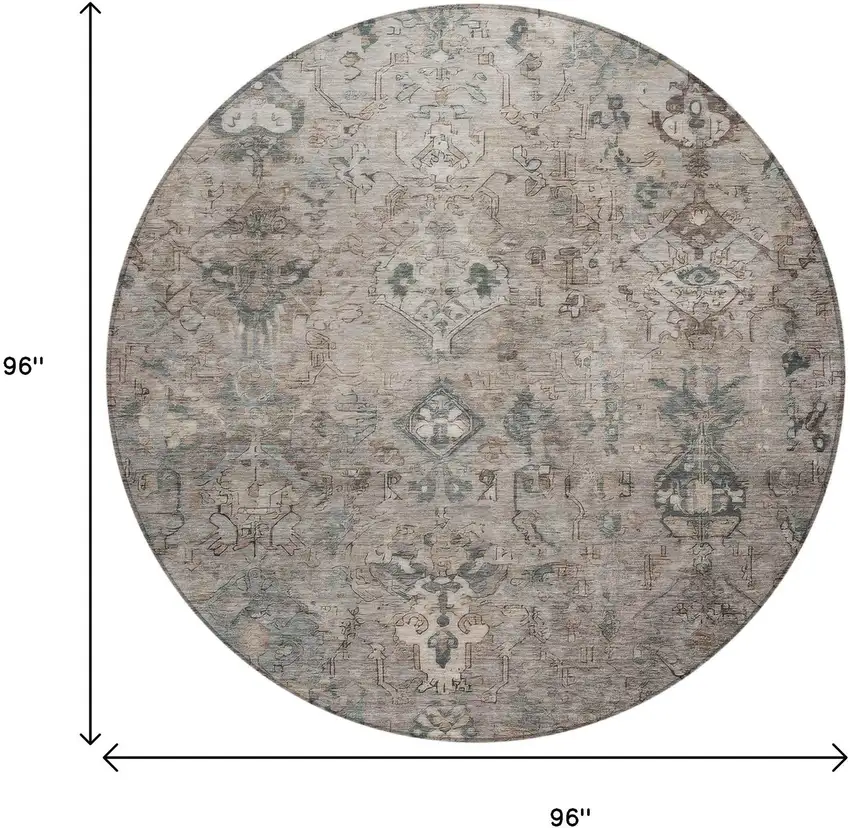 8' Taupe And Gray Round Medallion Washable Indoor Outdoor Area Rug Photo 3