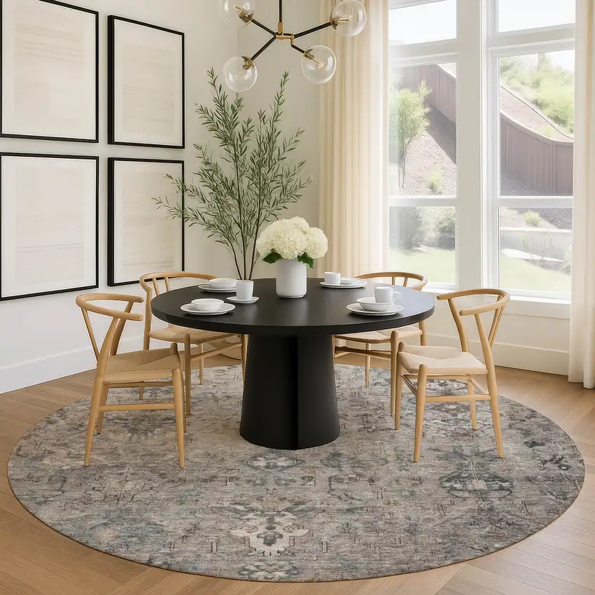 8' Taupe And Gray Round Medallion Washable Indoor Outdoor Area Rug Photo 8
