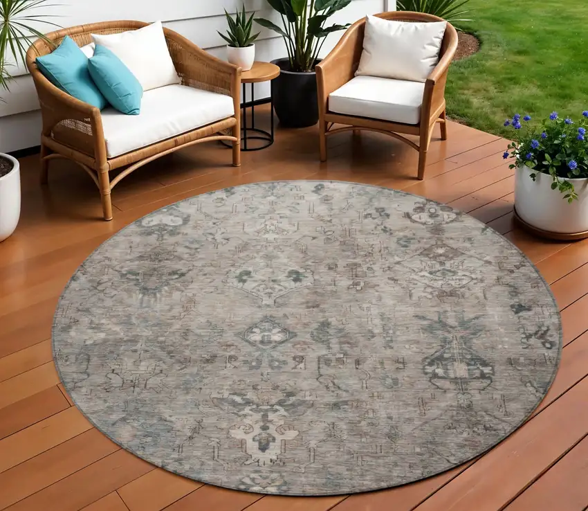 8' Taupe And Gray Round Medallion Washable Indoor Outdoor Area Rug Photo 9