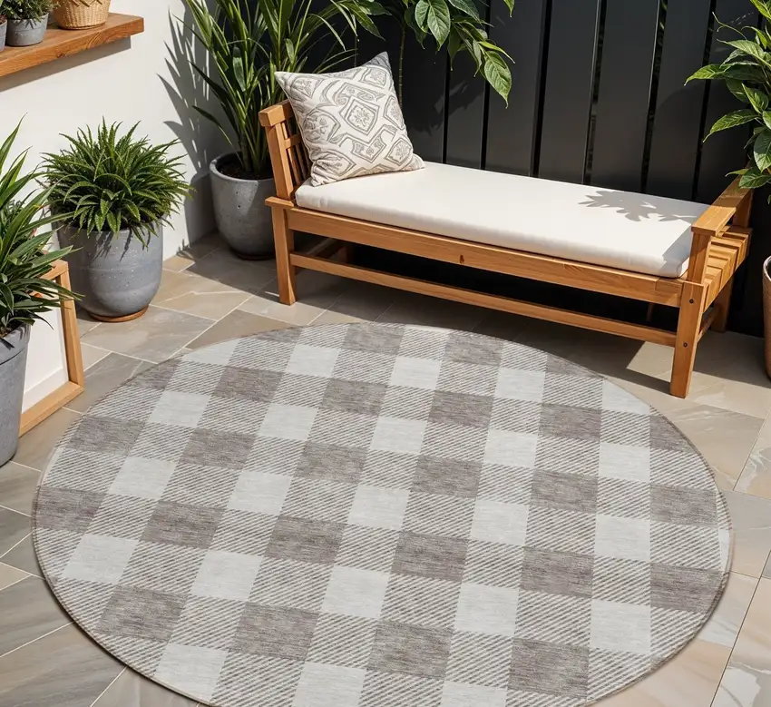 8' Taupe And Gray Round Plaid Washable Indoor Outdoor Area Rug Photo 1