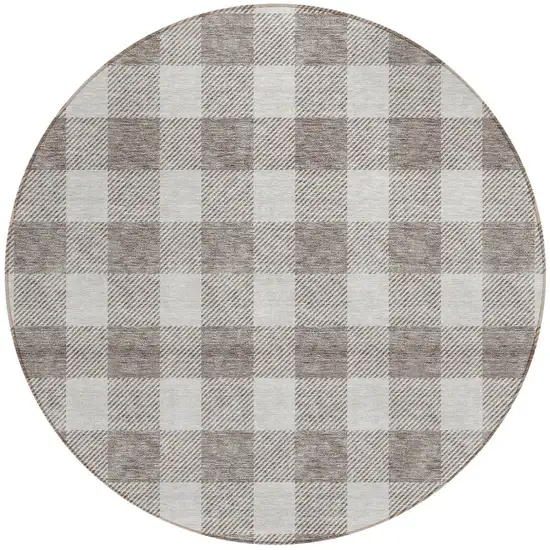 8' Taupe And Gray Round Plaid Washable Indoor Outdoor Area Rug Photo 5
