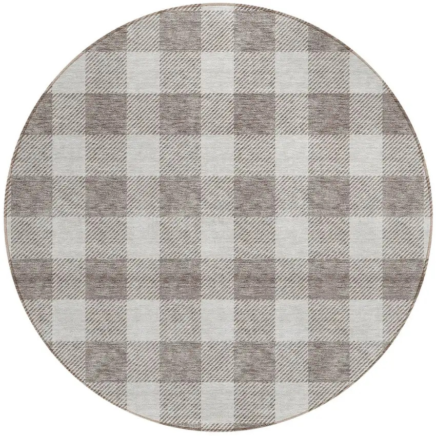 8' Taupe And Gray Round Plaid Washable Indoor Outdoor Area Rug Photo 5