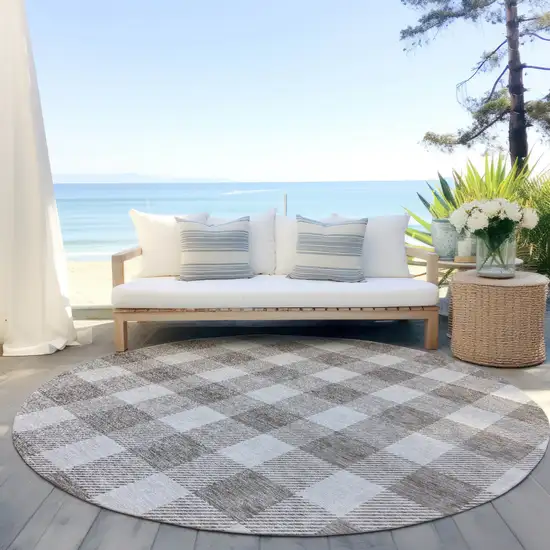 8' Taupe And Gray Round Plaid Washable Indoor Outdoor Area Rug Photo 6