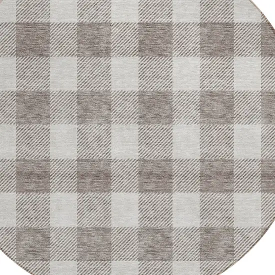 8' Taupe And Gray Round Plaid Washable Indoor Outdoor Area Rug Photo 4