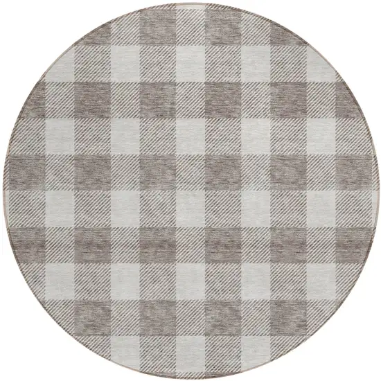 8' Taupe And Gray Round Plaid Washable Indoor Outdoor Area Rug Photo 2