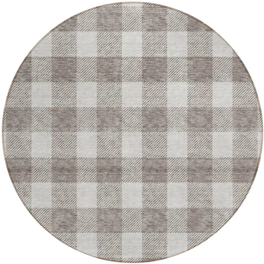 8' Taupe And Gray Round Plaid Washable Indoor Outdoor Area Rug Photo 2