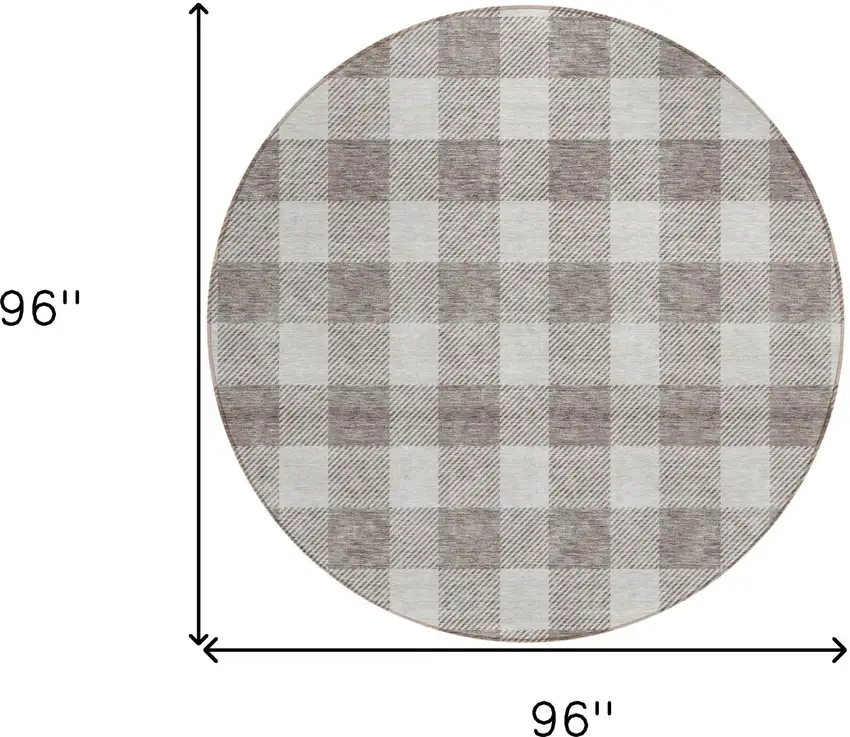 8' Taupe And Gray Round Plaid Washable Indoor Outdoor Area Rug Photo 3