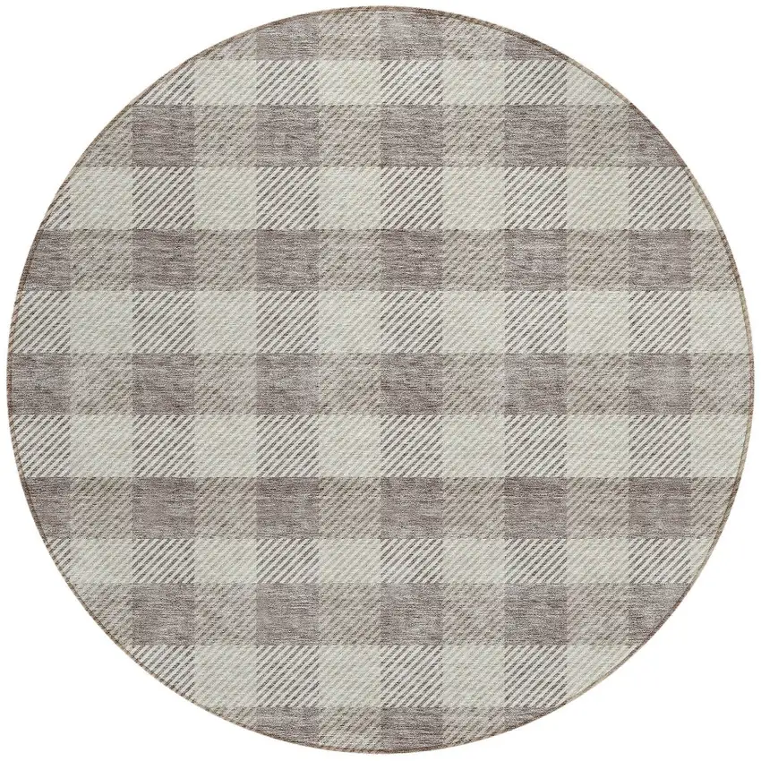 8' Taupe And Gray Round Plaid Washable Indoor Outdoor Area Rug Photo 5