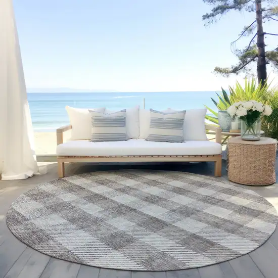 8' Taupe And Gray Round Plaid Washable Indoor Outdoor Area Rug Photo 6