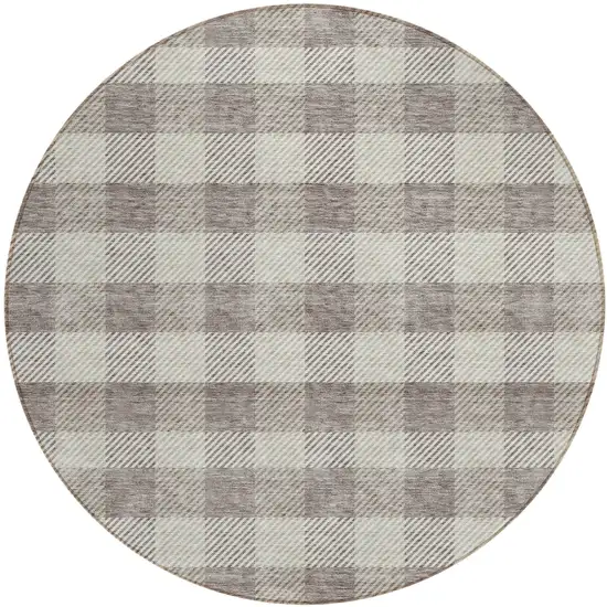 8' Taupe And Gray Round Plaid Washable Indoor Outdoor Area Rug Photo 2