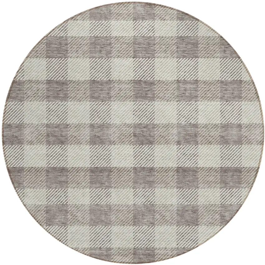 8' Taupe And Gray Round Plaid Washable Indoor Outdoor Area Rug Photo 2