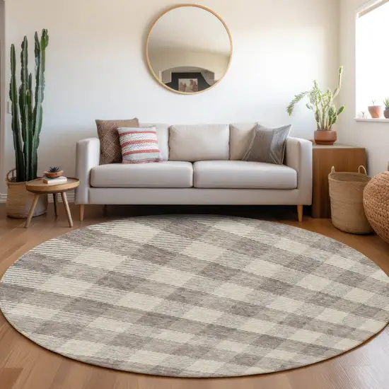 8' Taupe And Gray Round Plaid Washable Indoor Outdoor Area Rug Photo 7