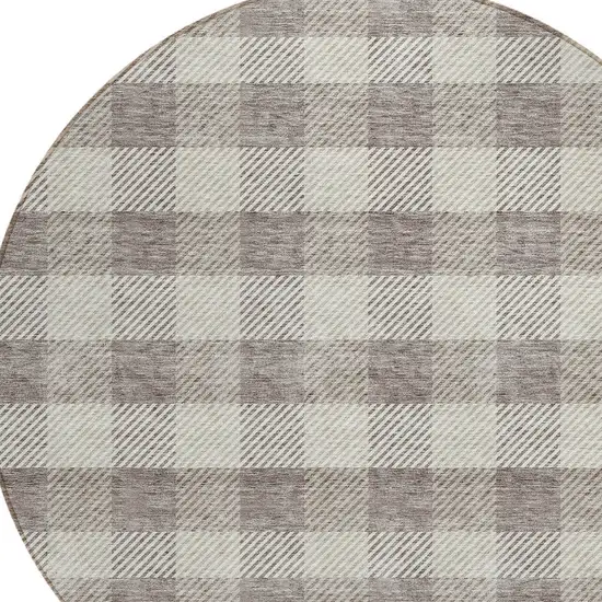 8' Taupe And Gray Round Plaid Washable Indoor Outdoor Area Rug Photo 4