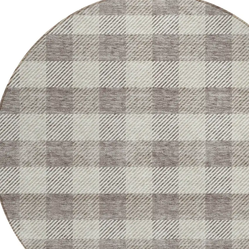 8' Taupe And Gray Round Plaid Washable Indoor Outdoor Area Rug Photo 4