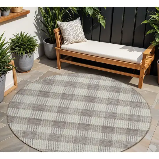 8' Taupe And Gray Round Plaid Washable Indoor Outdoor Area Rug Photo 1