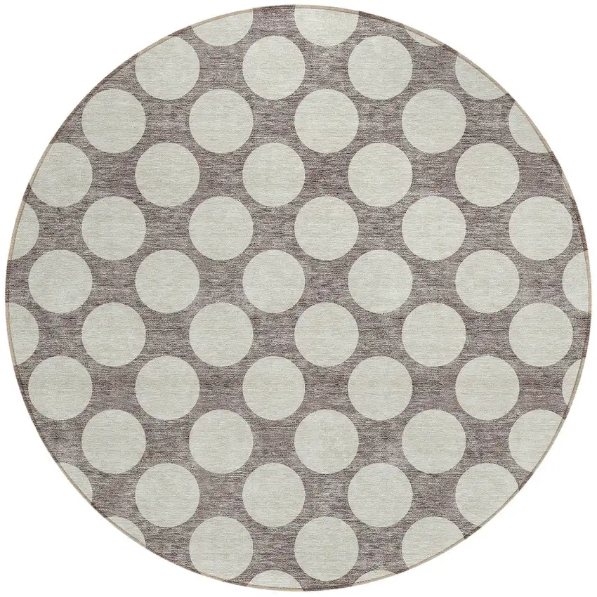 8' Taupe And Gray Round Polka Dot Washable Indoor Outdoor Area Rug Photo 5