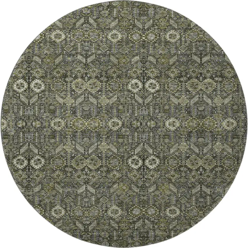 8' Taupe And Gray Tribal Washable Round Rug With UV Protection Photo 4